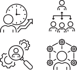 Business Management Icons: A set of four line icons illustrating key aspects of business management: time management, team leadership, talent acquisition, and collaborative teamwork.