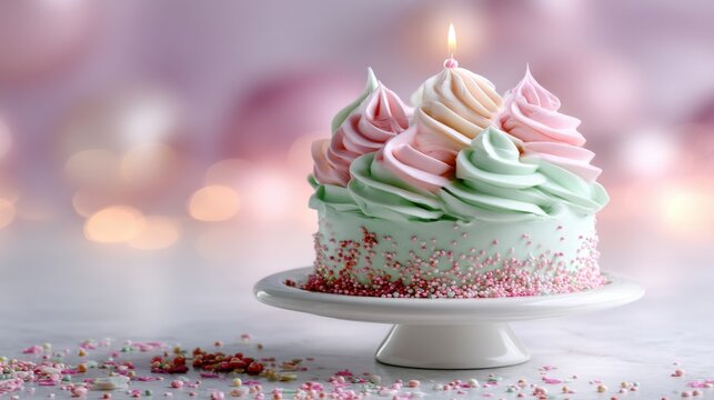 Delicate birthday cake with colorful frosting and a lit candle on a white cake stand with a blurry background