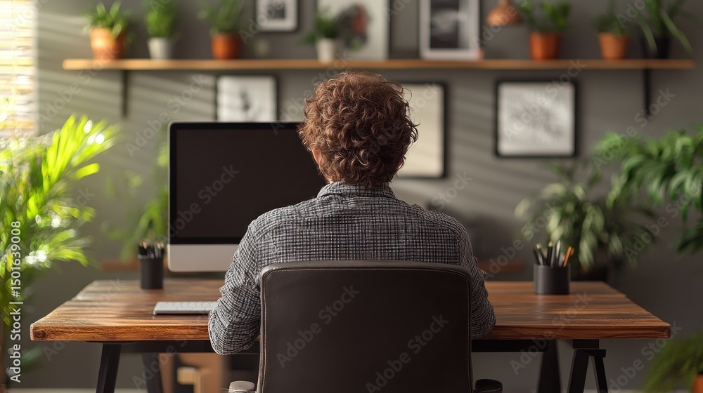 Poster man working on computer in home office with plants