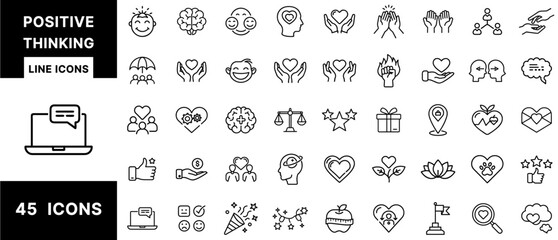 Positive Thinking Line Icons – Happiness, Wellness, Self-Love, Motivation, Support, Kindness, Emotional Growth, Teamwork, Mindfulness and Mental Positivity Set
