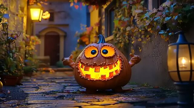 Whimsical glowing pumpkin character in a charming cobblestone alley, surrounded by autumn foliage