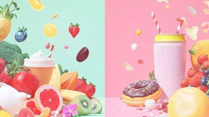 the contrast between healthy and flowering food