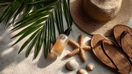 Sun protection essentials flatlay featu straw hat sandals seas starfish and tropical leaves on a light background.