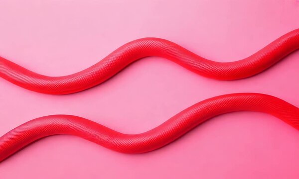Two red wavy objects, resembling snakes or hoses, arranged parallel on a pink background.