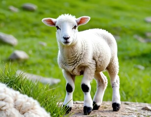 Fototapeta premium young lamb standing in nature, cute sheep kid on green field, little lamb against natural background