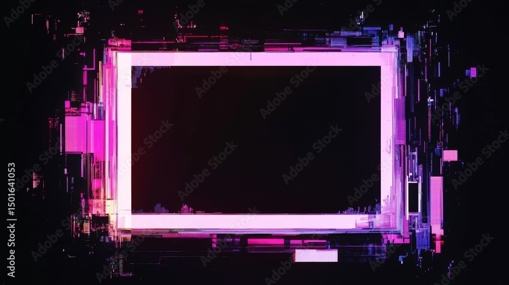 Poster digital glitch frame with rgb color distortion, broken pixels and scanlines around the edges, tech a