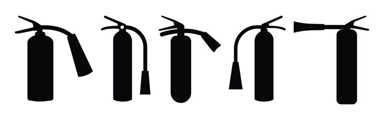 Fire Extinguisher Icon Set – Flat and Silhouette Vector Designs for Fire Safety and Protection.