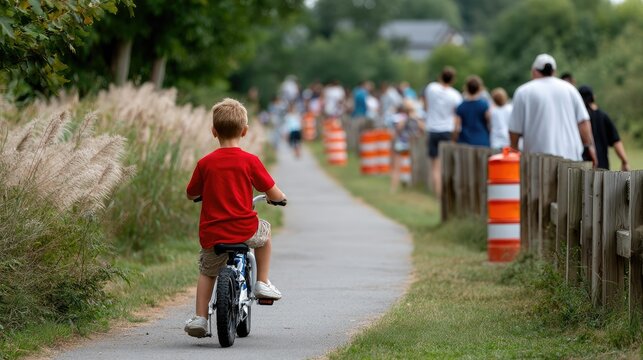 Boy in red shirt rides mountain bike through outdoor kids race track with traffic cones in sharp focus - Powered by Adobe
