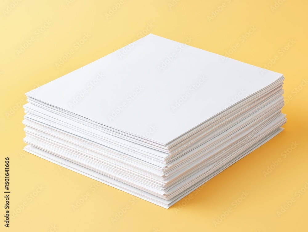 Poster neatly stacked blank sheets of paper on a bright yellow background for creative projects and busines