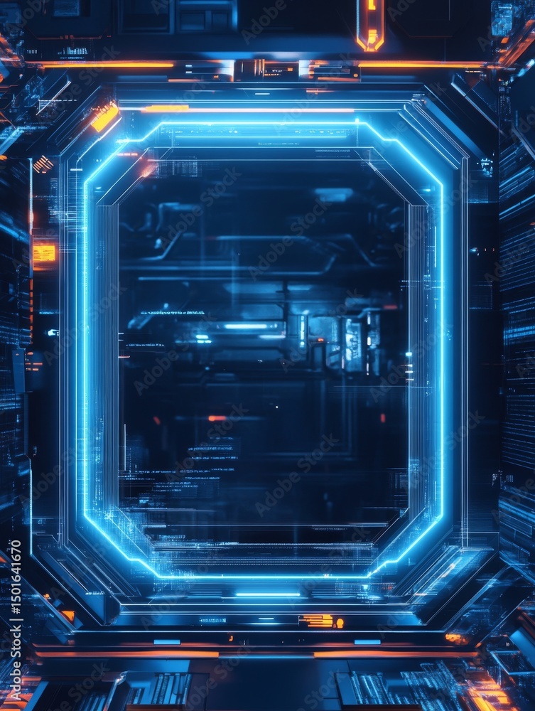 Aufkleber Digital tech-themed frame with futuristic HUD interface elements, glowing blue neon borders, cyberpunk background with center for UI display