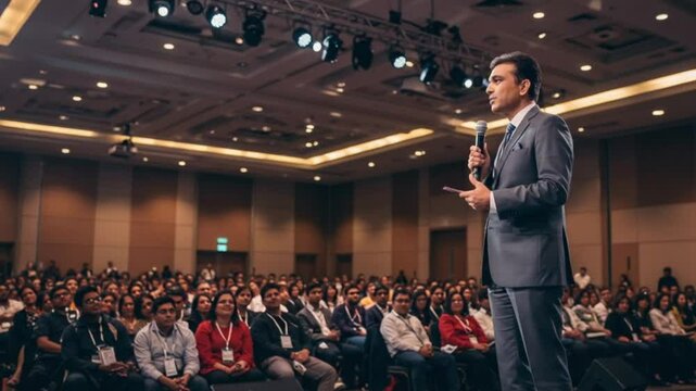 Inspiring Orator at the Podium: A captivating presenter commanding attention from a vast audience at a professional conference, sharing insights and ideas.
