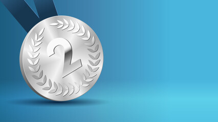 Silver medal awards copy space background for tournament winner. Vector silver medal with blue ribbons isolated on blue background. The second place on sport tournament, victory concept prize