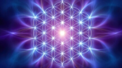 Obraz premium Glowing Flower of Life sacred geometry on deep blue background with mystical light and vibrant energy