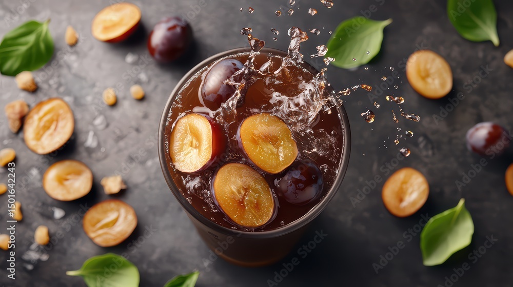Poster refreshing drink with splash and fresh plums surrounded by basil leaves and nuts on dark background