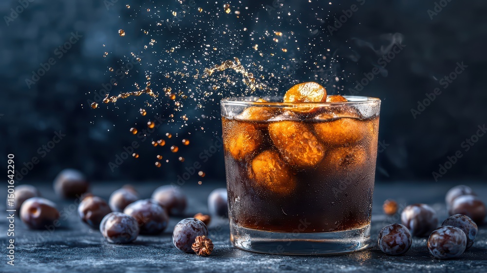 Poster refreshing sparkling drink with ice cubes splashing in glass surrounded by dark berries on rustic su