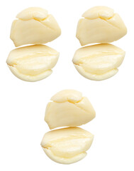 Top view set of peeled pounded garlic cloves in three stack isolated with clipping path in png file format