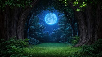 Enchanted forest landscape at night with bright full moon illuminating lush greenery and serene atmosphere
