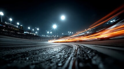 Nighttime NASCAR event featuring lit oval track with vibrant light streaks and full moon