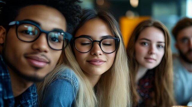 A group of people are sitting together and one of them is wearing glasses. The girl with glasses is smiling and looking at the camera