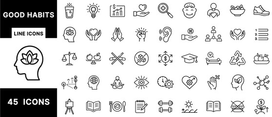 Good Habits Line Icons – Wellness, Productivity, Self-Care, Fitness, Mindfulness, Healthy Lifestyle, Nutrition, Mental Growth, Time Management, and Positive Routine Set