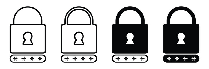 Security and Password Icon Set – Lock, Padlock, Privacy, and Access Protection Vector Symbols in Flat and Line Style.