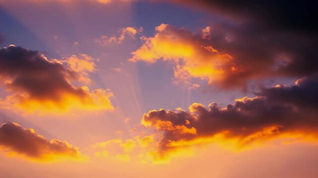 Vibrant hues of orange and red sunset sky, beautifully adorned with dramatic clouds.