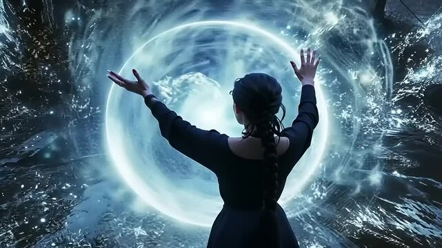 Young woman in a black dress conjuring a glowing orb of energy in a mystical forest setting