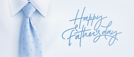 Happy father's day greeting card with realistic 3d blue necktie on light background. Father day horizontal banner, poster design template. Festive wallpaper. Vector illustration