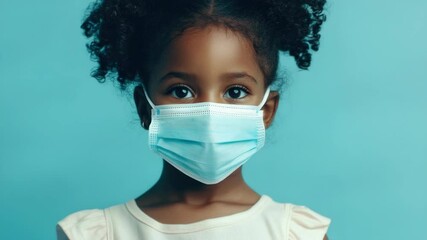 Portrait of young girl wearing surgical face mask. Emphasis on public health and safety. Theme of prevention and hygiene awareness.