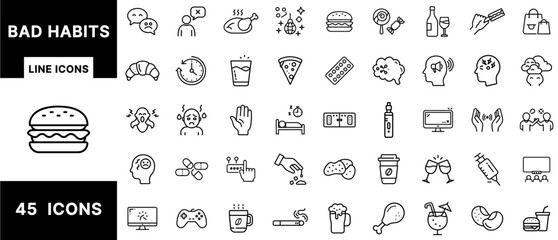 Bad Habits Line Icons – Unhealthy Lifestyle, Junk Food, Addiction, Procrastination, Emotional Stress, Poor Sleep, Overthinking, Screen Time, and Risk Behavior Set
