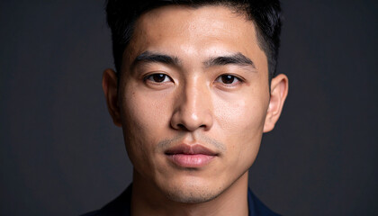 Fototapeta premium Portrait of handsome Asian man against dark backdrop. Beautiful skin. Young male.