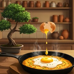 A frying pan with a cooked egg on a wooden table in a kitchen setting. There is a bonsai tree and some clay pots in the background.