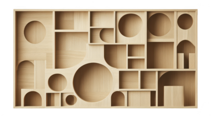 Wooden artistic wall storage installation with PNG transparent background