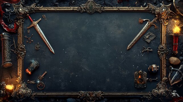 Fantasy RPG game interface frame border, magical scrolls, swords, potions, and quest icons surrounding dark fantasy background, central space for game UI