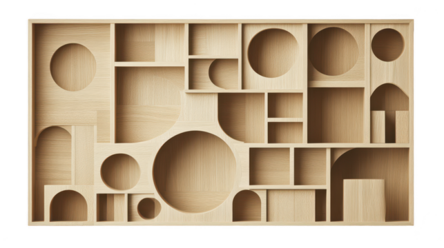 Wooden artistic wall storage installation with PNG transparent background
