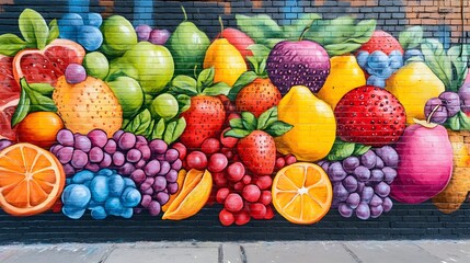 Vibrant mural featuring an assortment of colorful fruits creates a playful and inviting visual, emphasizing freshness and natural beauty through bold artistic expression. It adds color and flair.