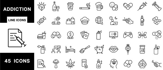 Addiction Line Icons – Substance Abuse, Alcoholism, Drug Use, Smoking, Sugar, Fast Food, Gaming, Gambling, Mental Effects, Recovery, and Behavioral Dependence Set