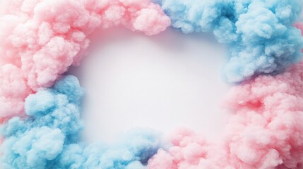 Fototapeta premium Fluffy cloud frame in soft pastel colors, dreamy sky-inspired theme, blue and pink clouds wrapping a white background, surreal whimsical mood