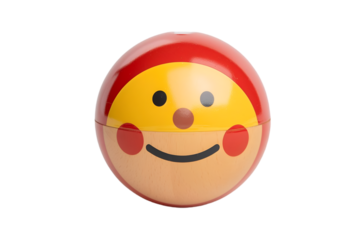 Round face toy ball with red hat and yellow face happy expression cute toy for kids and toddlers isolated in transparent background