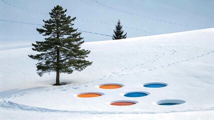 Colorful circles in snowy landscape with pine tree