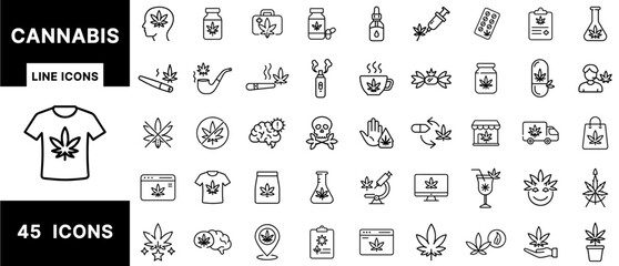 Cannabis Line Icons – Medical Marijuana, CBD Oil, Dispensary Products, Vaping, Smoking, Hemp Extracts, Cannabis Research, Legal Use, and Commercial Packaging Set