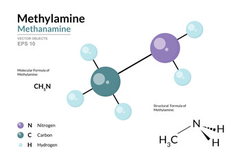 Methylamine. Methanamine. Structural Chemical Formula and 3d Model of Molecule. CH5N. Atoms with Color Coding. Vector graphic Illustration for educational materials, scientific articles, presentations