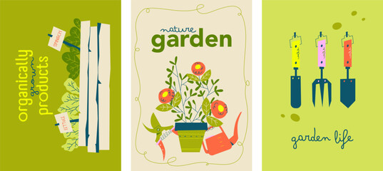 Set of three modern gardening posters with vegetables, tools, and plants. Includes hand lettering and flat vector elements for eco lifestyle themes