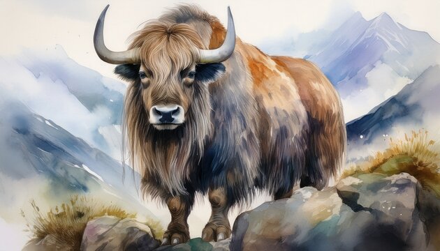Yak mit zotteligem Fell in Berglandschaft &ndash; Aquarellstil