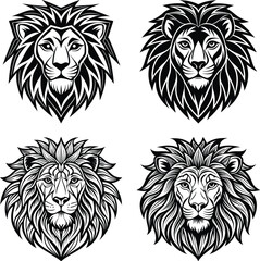 Majestic Lion Head Illustrations Four Unique Black and White Designs