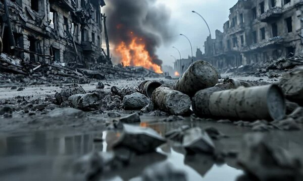 War zone aftermath with burning buildings