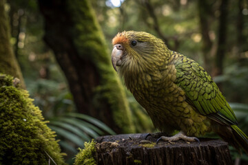 Close-Up of Rare Kakapo Parrot Perched on Tree Stump in Dense Forest, Showcasing Green Feather Pattern and Strong Beak in Natural Wildlife Habitat