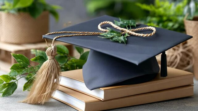 A graduation cap rests atop a neat stack of books, surrounded by vibrant green plants, all set against a bright and inviting indoor backdrop