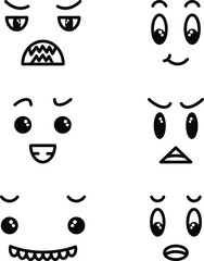 Set of expressive eyebrow kawaii faces, face expressions, isolated flat graphics, funny and cute faces collection