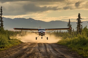 A propeller plane landing on a dirt runway surrounded by wilderness